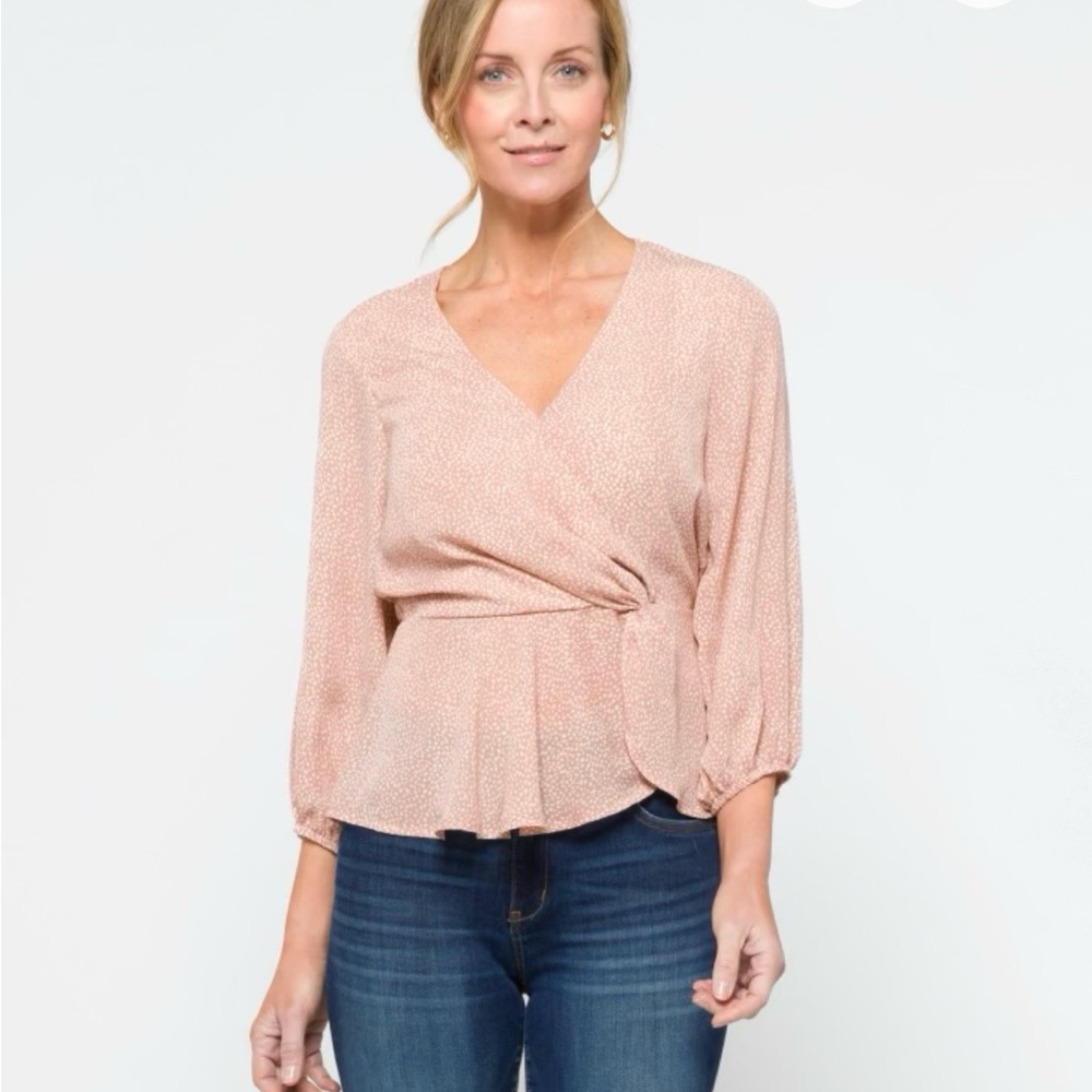 Kaileigh Beige Polka Dot Wrap Blouse